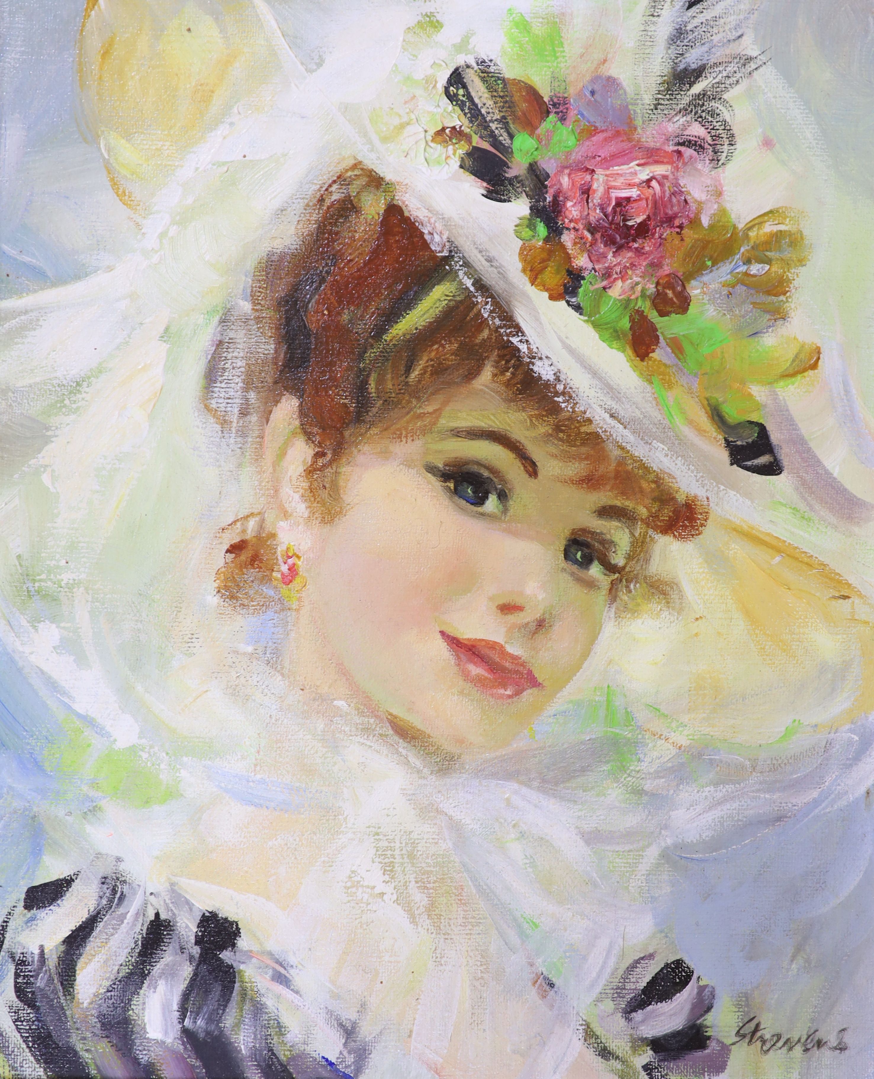 John Strevens (1902-1990), oil on board, Portrait of an Edwardian young lady wearing a floral hat, signed, 29 x 24cm 29 x 24cm